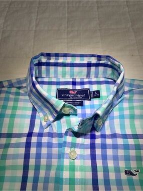 Vineyard Vines Men's Mint, Blue & White Plaid Button-Down Shirt